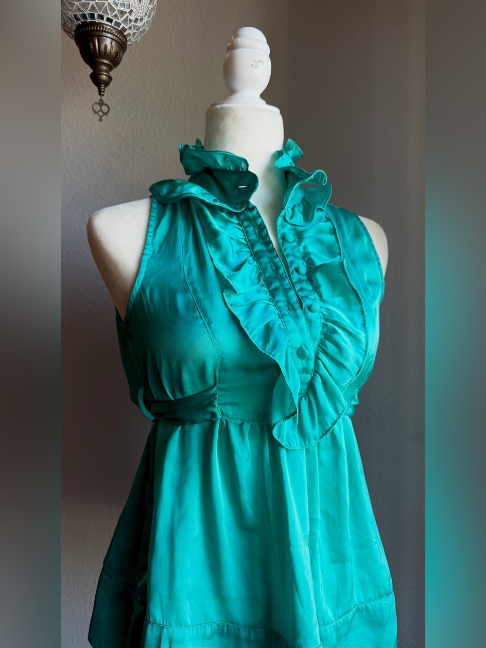 Teal Victorian Ruffle Blouse Small Romantic Sleeveless Tie Waist Top
